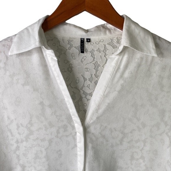 ST. STUDIO Georgette Covered Lace Badwing Button Up Cropped Shirt Short Sleeve - Picture 2 of 16